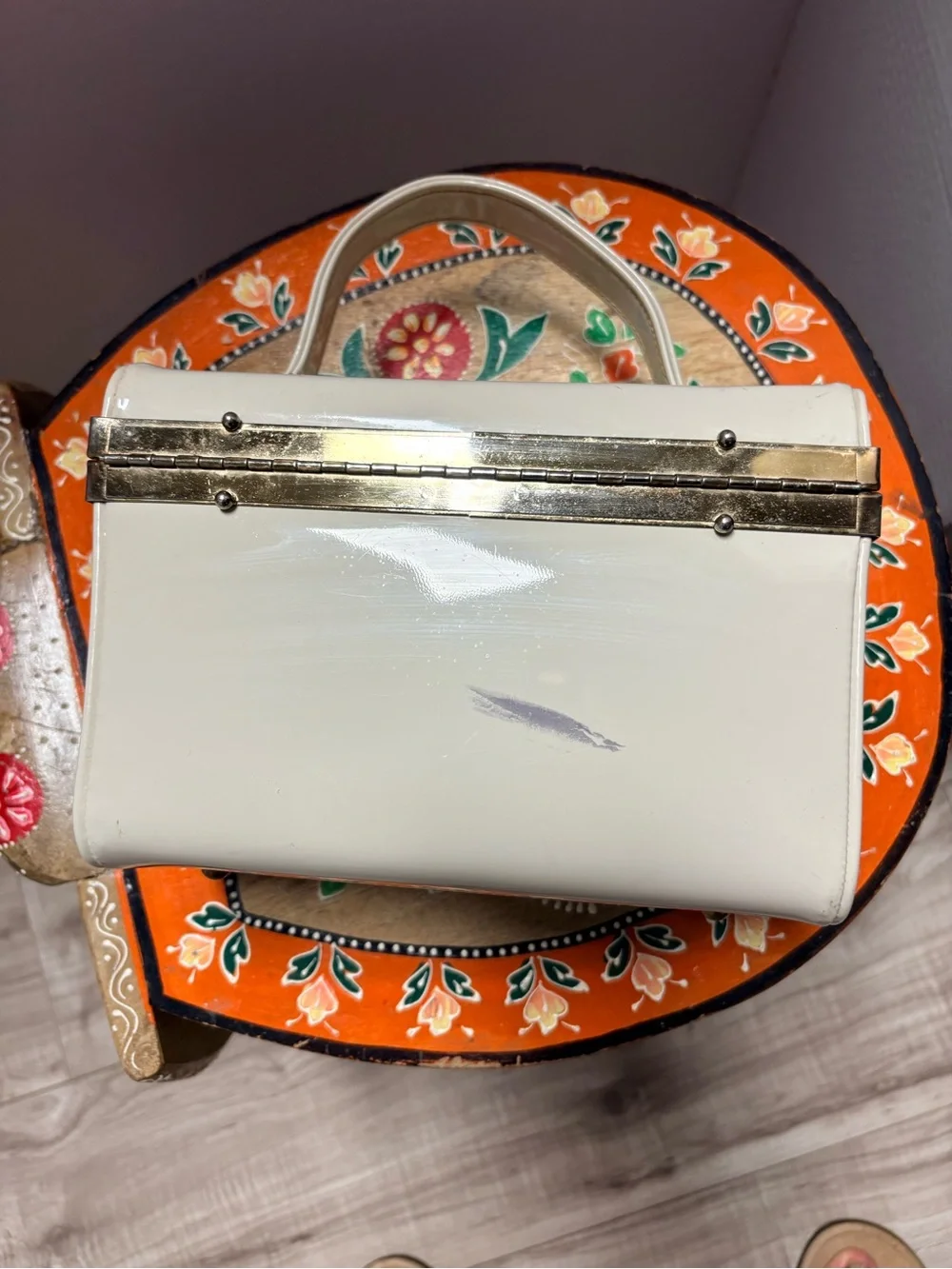 Classic Cream Box Handbag with Gold Trim